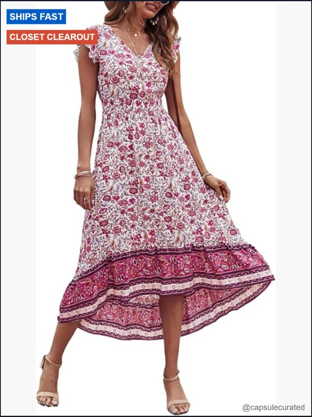 Women's Floral V Neck Cap Sleeve Boho High Low Maxi Dress